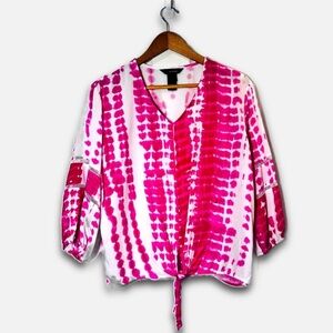 Ali Miles Bright Pink & White Tie-die Detail Stitching on Sleeves Top Size S